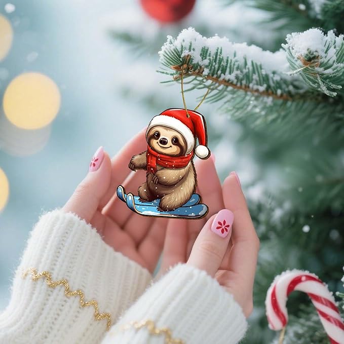 2 Side Printed Cute Sloth Wooden Christmas Ornaments, Keepsake for Women, Men and Friends, Sloth Christmas Tree Ornaments, Christmas Tree Hanging Decorations