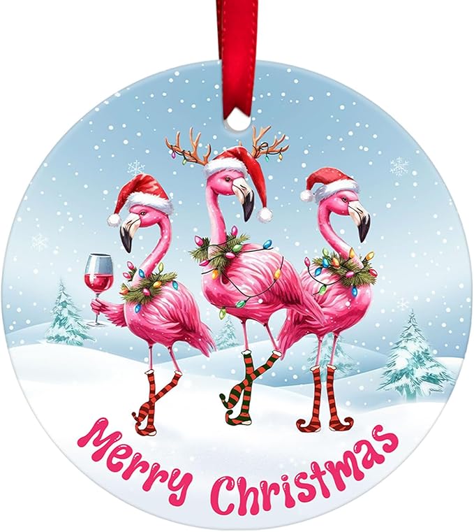 34HD Flamingo Christmas Ornament Ceramic 2-Side Printed, Flamingo Gifts for Men Women, Christmas Hanging Decorations