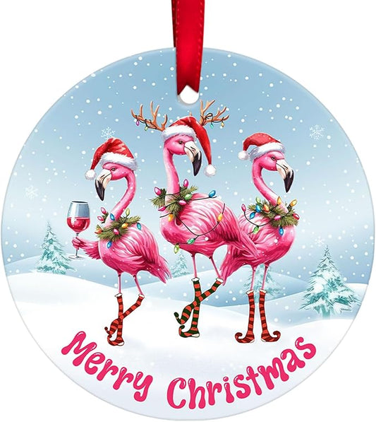 34HD Flamingo Christmas Ornament Ceramic 2-Side Printed, Flamingo Gifts for Men Women, Christmas Hanging Decorations