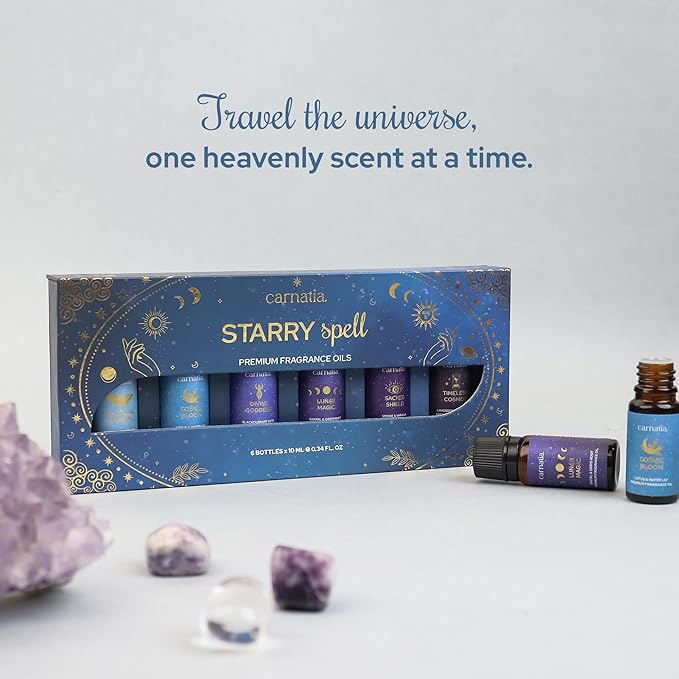 Carnatia Starry Spell Fragrance Oil Set – 6 Magical & Calming Aromatherapy Blends for Stress Relief, Relaxation & Emotional Wellness | Mystical Fragrance Oils for Diffusers, Massage & Meditation