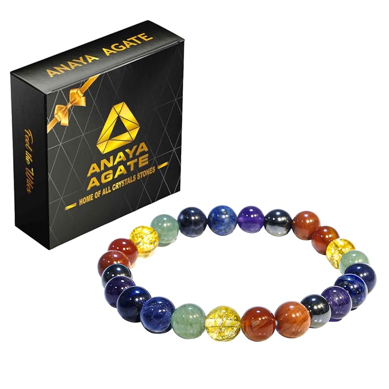 7 Chakra Bracelet, Natural Healing Crystal Bracelet for Women and Men, 8mm Round Beaded Bracelet for Spiritual Healing, Protection, Positive Energy, Elastic Adjustable Size Gemstone Bead Bracelet