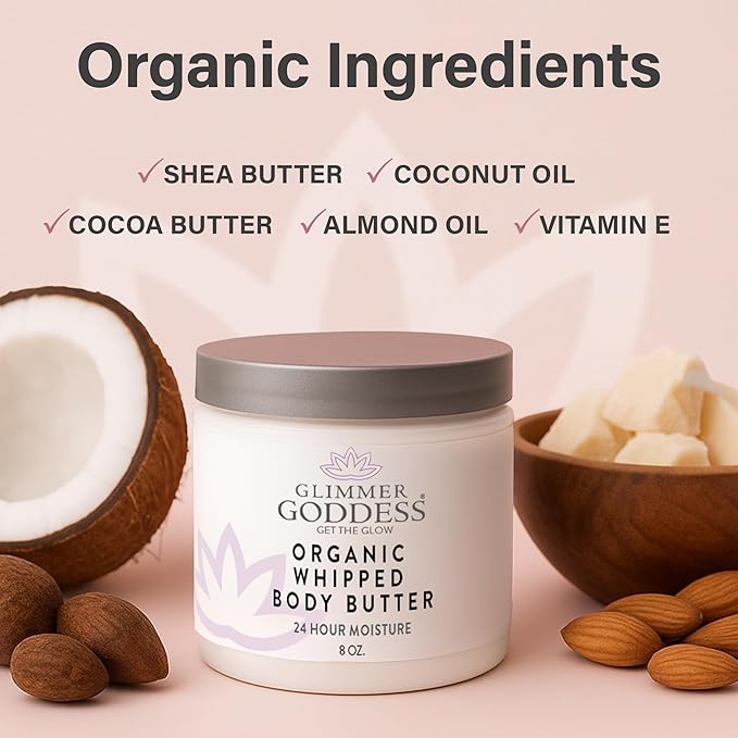 Glimmer Goddess Organic Whipped Body Butter for Women - Moisturizer Cream with Shea & Cocoa Butter, Almonds & Coconut Oil - White Ginger & Amber, 8oz