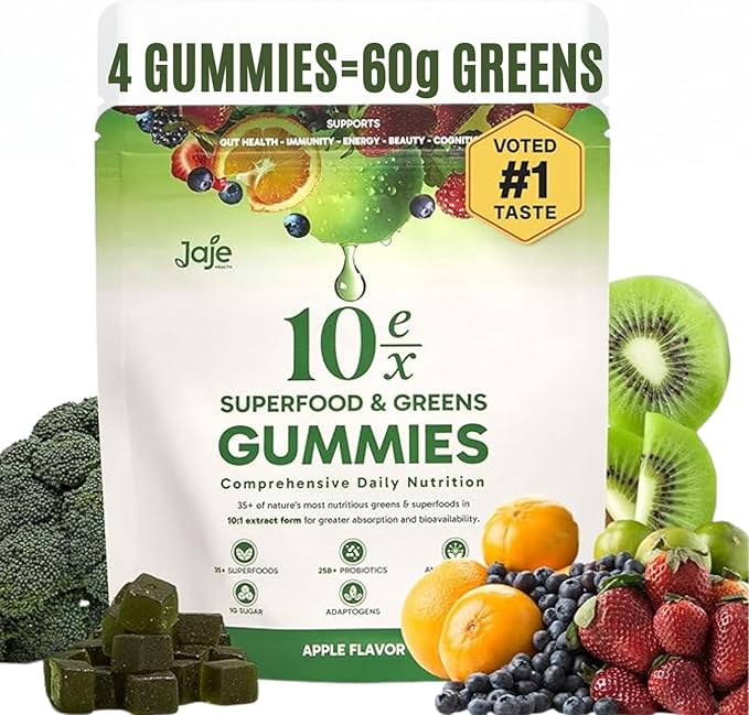 10ex Supergreens Gummies w/Probiotics. 40 Superfoods & Super Greens. 10x More Nutrients. Multivitamins & Antioxidants from Whole Foods. Healthy Snacks for Adults. Keto, Low Carb, Low Calorie Snacks.