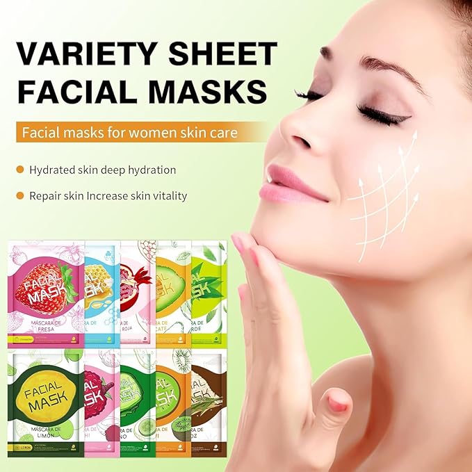 30 Sheets Face Masks Skincare, Hydrating Variety Face Mask For Sensitive Skin, Moisturising Sheet Mask for Women, Soothe Facial Masks for All Skin Types, Fruit Sheet Face Mask Skincare for Spa