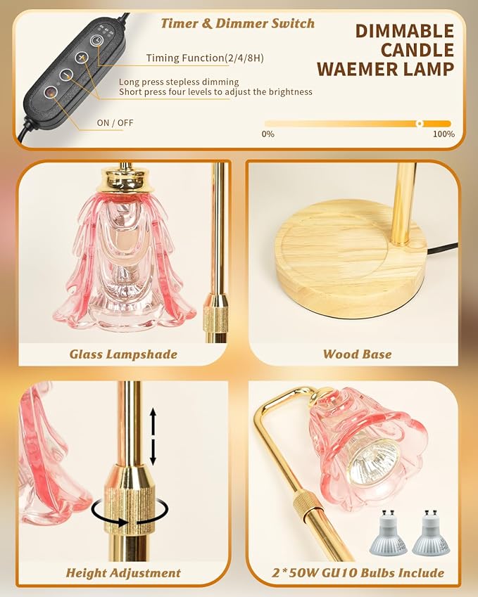Candle Warmer Lamp with Timer, Adjustable Height and Dimmable, Birthday Christmas Gifts for Women, Mothers Day Gifts for Mom, Unique House Warming Gifts New Home Decor(Pink)