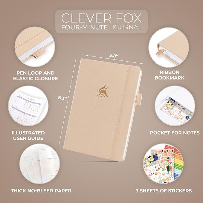 Clever Fox Four-Minute Journal – Daily Positivity Journal with Prompts – Motivational Affirmation, Mental Health & Habit Tracker (Seashell)