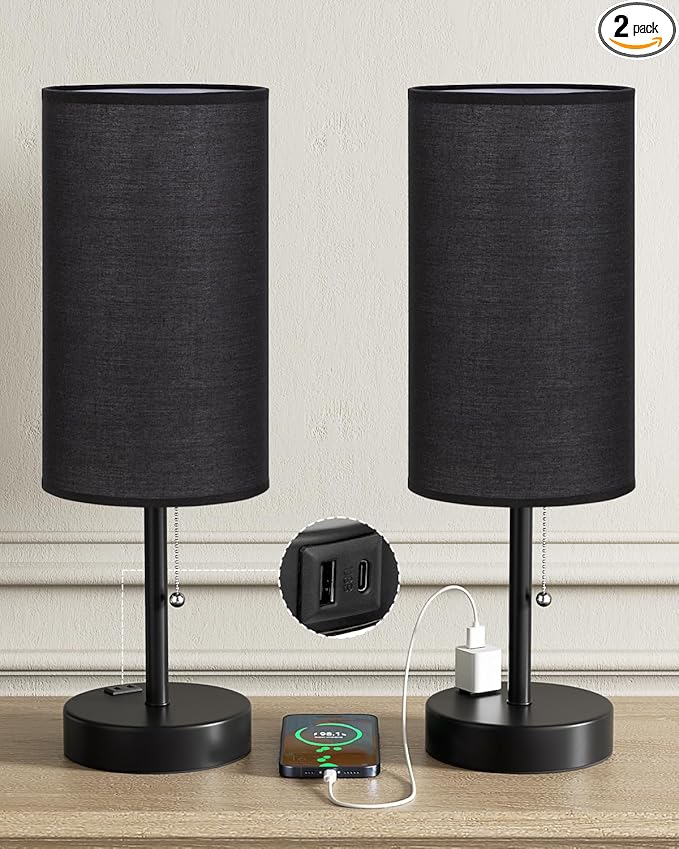 Fenmzee Large Black Bedside Lamps Set of 2-3 Color Temperatures Pull Chain Lamp with AC Outlet Charging Port, Two Round Night Stand Lamps for Bedroom Guest Room Office, Bed Side Light