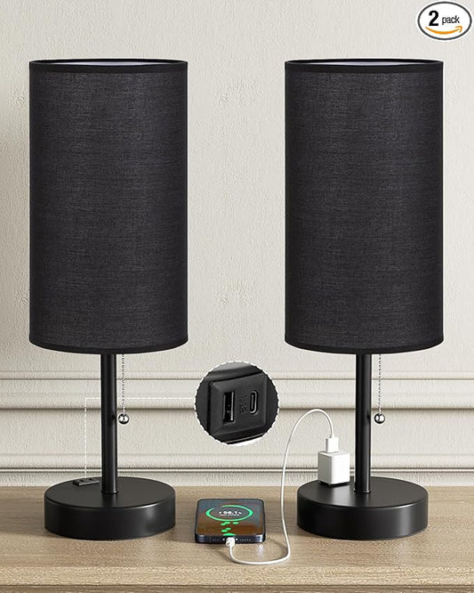 Fenmzee Large Black Bedside Lamps Set of 2-3 Color Temperatures Pull Chain Lamp with AC Outlet Charging Port, Two Round Night Stand Lamps for Bedroom Guest Room Office, Bed Side Light