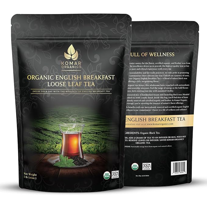 KOMAR ORGANICS English Breakfast Tea - 16oz USDA Organic Loose Leaf Tea Rich in Antioxidants - Balanced and Flavorful Black Tea for Energy Boost - 1 LB Certified Kosher Assam and Darjeeling Blend