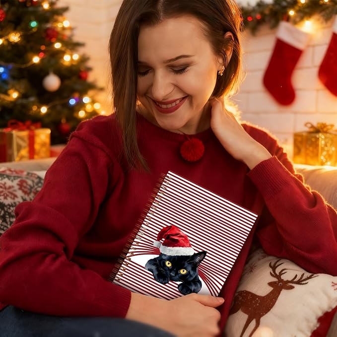 Exqcom Christmas Black Cat Spiral Notebook Gifts, Black Cat Gifts Journal for Women, Funny Santa Hat Cute Kitty Hardcover Notebook Journal Office School Supplies, 5.5x8.3 Inch