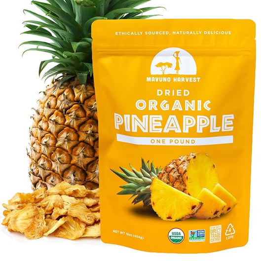Mavuno Harvest Pineapple Dried Fruit Snacks | Organic Dried Pineapple Chunks | Gluten Free Healthy Snacks for Kids and Adults | No Sugar Added, Vegan, Non GMO, Direct Trade | 1 Pound Resealable Bag