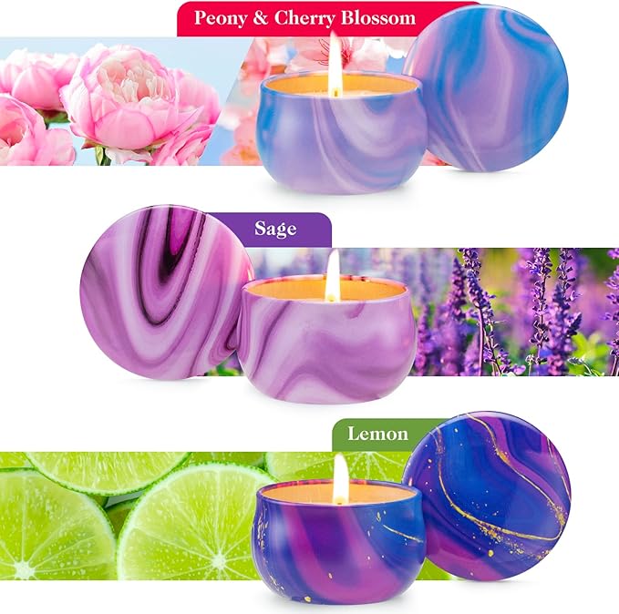 Hausware 3 Pack Scented Candles, 2.5 oz Aromatherapy Candles with Floral Scents,Soy Candles Set with 72H Burning Time,Ideal Gift for Womens(Lemon+Sage+Peony&Cherry Blossom)