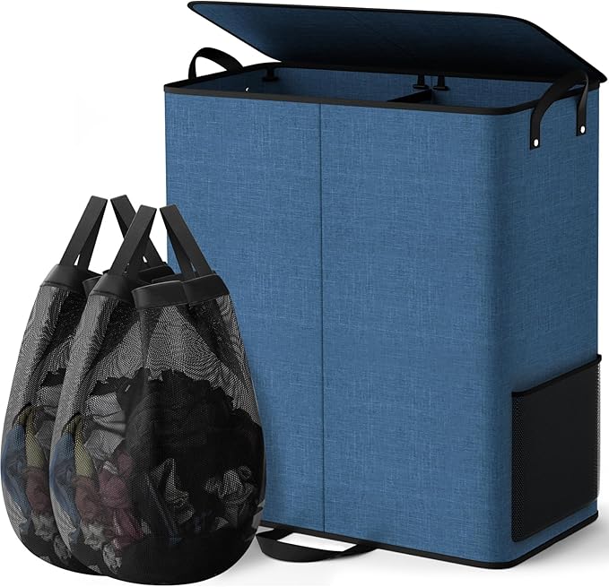 Large Double Laundry Hamper with Lid, Removable Bags & Reinforced Handles, 2 Section Tall Laundry Basket, Dirty Clothes Hampers for Laundry Room, Bedroom, Bathroom, Dorm, 155L, Blue