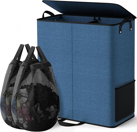 Large Double Laundry Hamper with Lid, Removable Bags & Reinforced Handles, 2 Section Tall Laundry Basket, Dirty Clothes Hampers for Laundry Room, Bedroom, Bathroom, Dorm, 155L, Blue