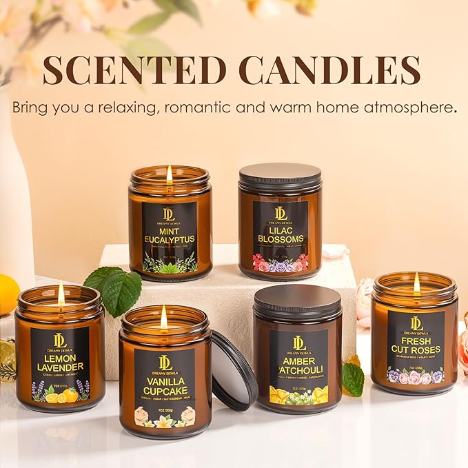 6 Pack Candles for Home Scented, Scented Candles Gifts Set for Women Men, 42 oz Soy Candle Set, Scents of Fresh Cut Roses/Lemon Lavender/Vanilla Cupcake/Amber Patchouli/Lilac Blossoms/Mint Eucalyptus