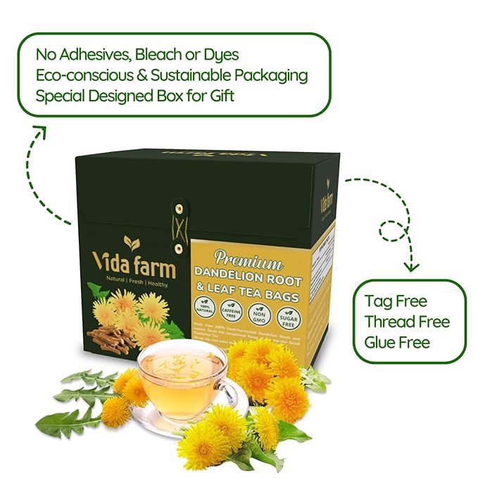 VIDA FARM 100 Dandelion Tea Bags - 100% Natural Dandelion Leaf & Root, Sugar Free, Caffeine Free, Non-GMO - Premium Dandelion Root Herbal Tea, Smooth Taste
