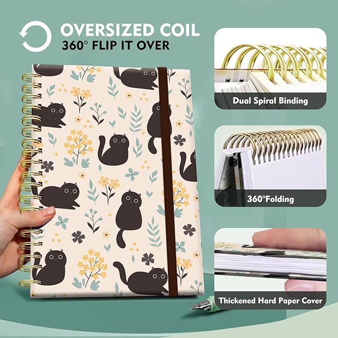 Cute Spiral Notebook, Journal for Women, Hardcover Spiral Journal, 5.5 x 8.3 Inches, 120 Pages,100gsm Paper, for Gifts Nurse Teacher Women Office Supplies(Cute Black Cat)