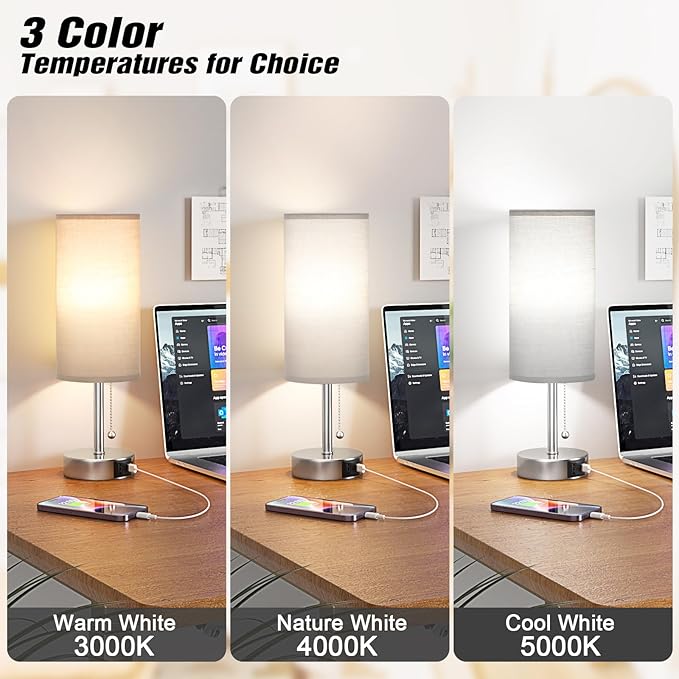 Grey Table Bedside Lamp for Bedroom Nightstand - Small Silver Lamp with USB A + C Charging Port, 3 Color Temperatures Pull Chain Night Stand Light with Bulb, Side Table Desk Lamp for Living Room