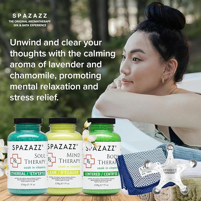 RX Therapy Spa and Hot Tub Aromatherapy Scented Relaxation Bath Salt Crystals - Mind Body and Soul Bundle Gift Set (19 Oz) Includes 5 Point Full Body Massage Tool & Hot Cold Towel (19OZ 3 Pack)