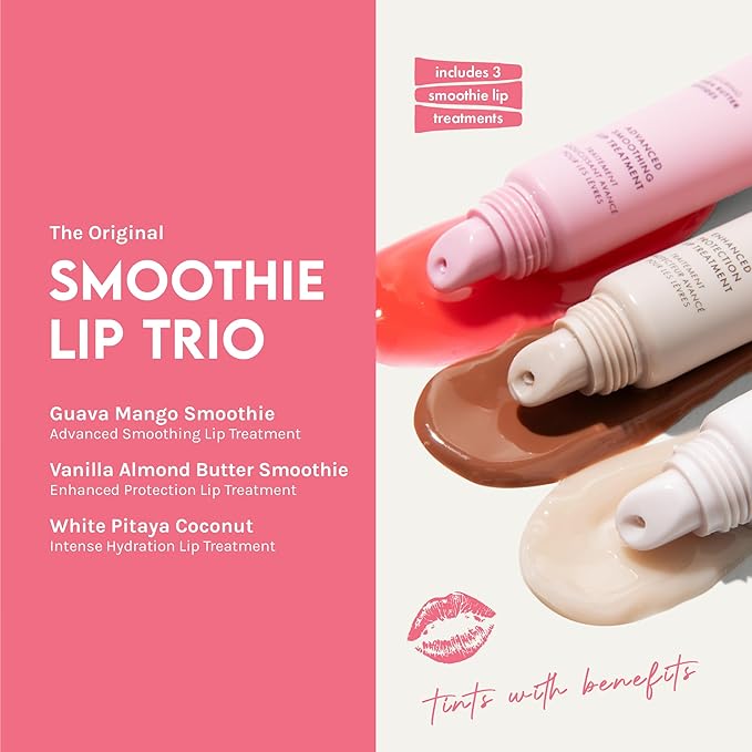 ESW Beauty Smoothie Lip Treatment Set – White Pitaya Coconut, Guava Mango & Vanilla Almond Butter – Hydrating & Smoothing Lip Gloss Set