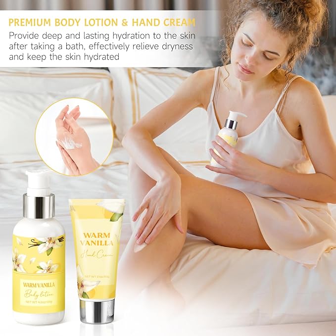 Birthday Gifts for Women, Relaxing Spa Gift Baskets for Women, Warm Vanilla Self Care Package Gifts, Mother's Day Bath and Body Inspirational Gift Set for Mom, Her, Wife, Best Friend, Sister, Coworker