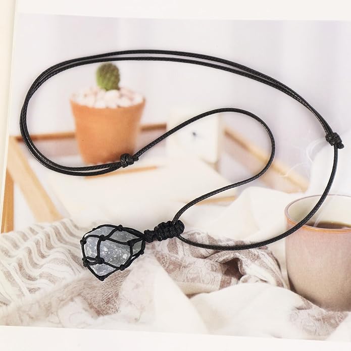 Handmade Natural Gemstone Crystal Pendant Necklace Stone Holder Necklace Cord Net Necklace with Adjustable Length for Women Men