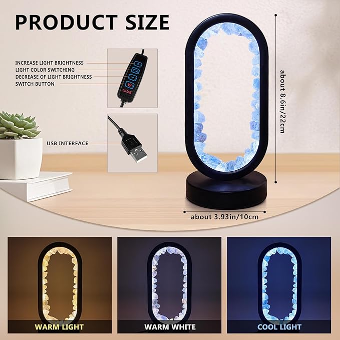 Crystal Night Light,3 Colors Ambient Lighting USB Dimming Healing Crystal Table Lamp,Natural Energy Crystal Decor for Bedroom Home Dating Gift (Blue, Ellipse)