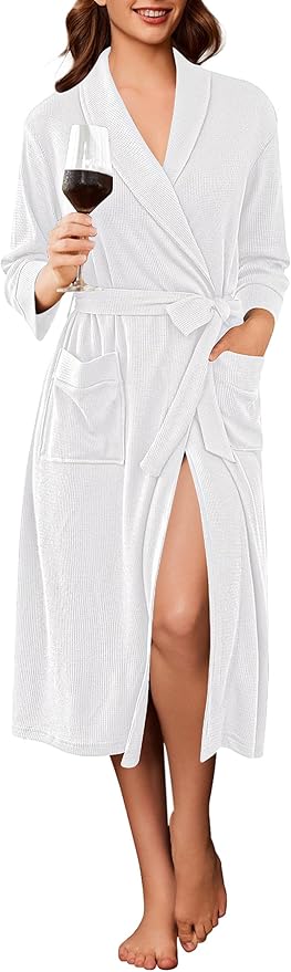 Ekouaer Robes for Women Long Waffle Knit Bathrobe Lightweight Kimono Robe Soft Shawl Collar Spa Robes with Pockets S-XXL