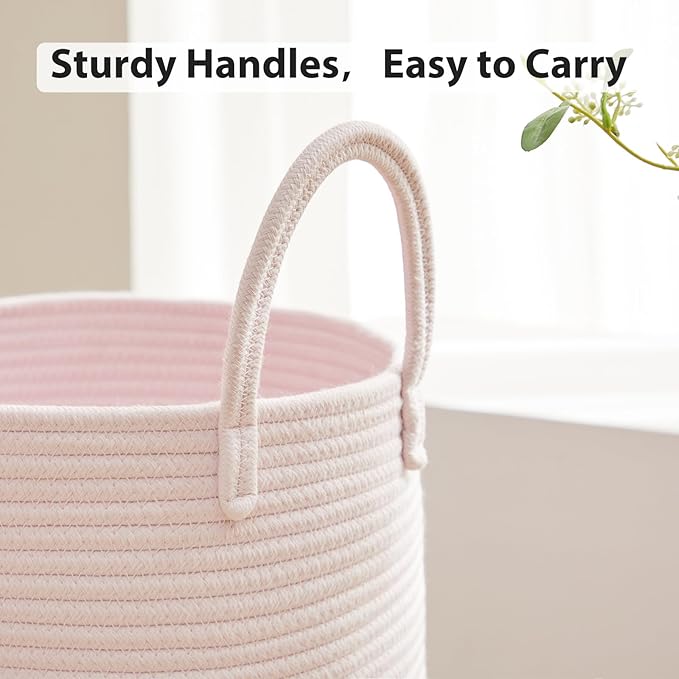Fiona's magic Cotton Rope Laundry Hamper, Tall Woven Laundry Basket Storage, Baby Nursery Hamper for Blankets, Toys and Clothes Hamper for Bedroom and Living Room Organizing, 58L, Pink