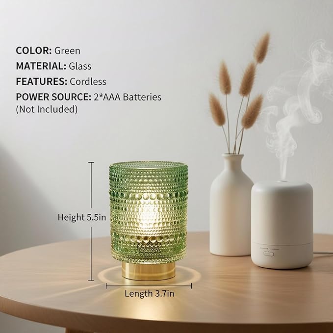 Battery Operated Lamp with Auto-Off Timer, Cordless Table Night Light for Bedroom & Entryway, Portable LED Lamp for Home, Outdoor, Camping No Battery Included (Pearl Design-Green)