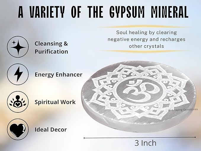 Amazing Gemstone Selenite Crystal Charging Plate For Crystals And Healing Stones, 3" Selenite Crystal Plate Engraved Flower of Life with OM Coaster For Home, Office Table Decor (Selenite Round Disc)