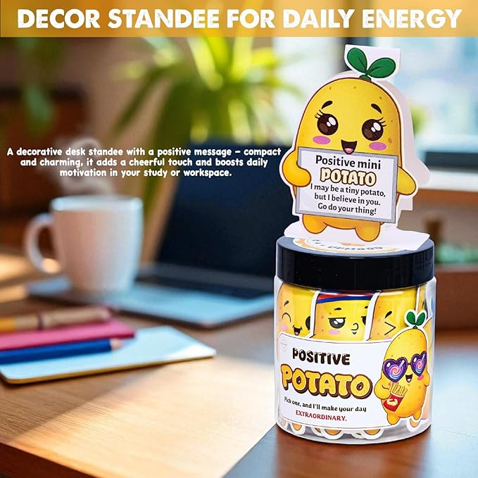 Positive Potato Jar – 60 Motivational Messages & Affirmation Cards with Standee | Cute Desk Decor & Just Because Gift for Women, Coworkers, Teachers | Daily Encouragement, Emotional Support