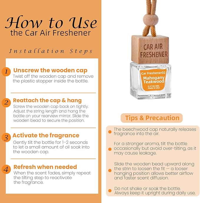 Car Air Freshener Hanging Diffuser – Long-Lasting Essential Oil Scent (Up to 60 Days) – Non-Toxic & Eco-Friendly – 2-Pack Auto Fresheners Made in USA