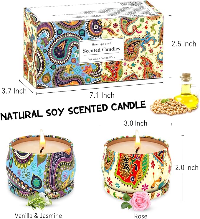 2 Packs Rose and Vanilla &Jasmine Scented Gift Set for Home Christmas, Small Natural Soy Wax Decorative Bohemian Stress Relief Aromatherapy Candles for Women Friends Cowrokers, 3.0" D x 1.8" H