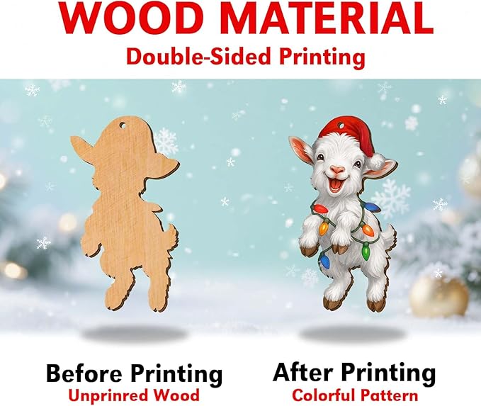2 Side Printed Flat Christmas Wooden Ornaments, Animal Keepsake Hanging Tree Decoration, Cute Goat Ornament