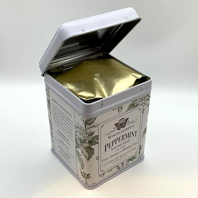 Windia Garden, Peppermint Tea, Loose Leaf Herbal Tea, Grown in USA, Caffeine-Free, Classic Metal Tea Tin, Hand-Packed in California, Small Woman Owned Business