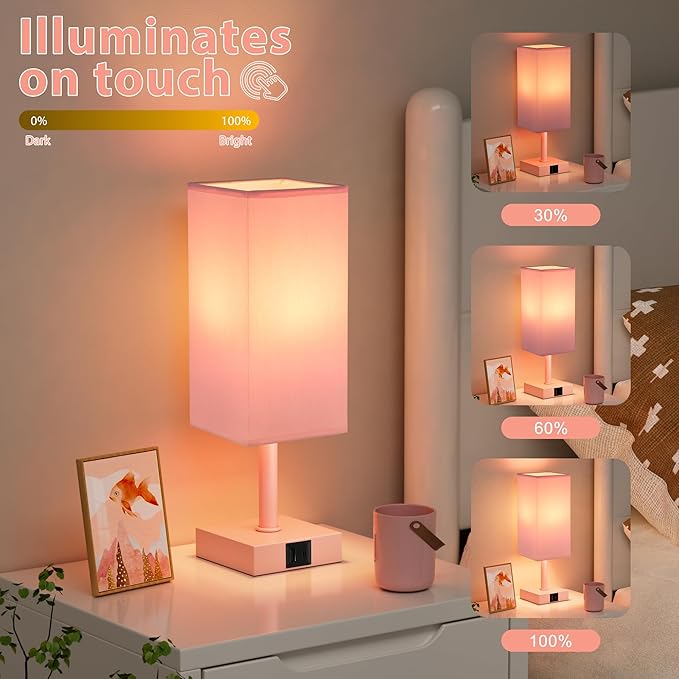 Ambimall Touch Control Table Lamp with USB A+C Charging Ports - 3 Way Touch Lamps Bedside, Nightstand Lamp for Bedrooms, LED Bulb Included(Pink Shade & Pink Base)