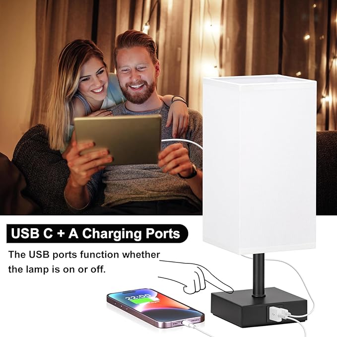 Ambimall Touch Control Table Lamp with USB A+C Charging Ports - 3 Way Touch Lamps Bedside, Nightstand Lamp for Bedrooms, LED Bulb Included(White Shade & Black Base)