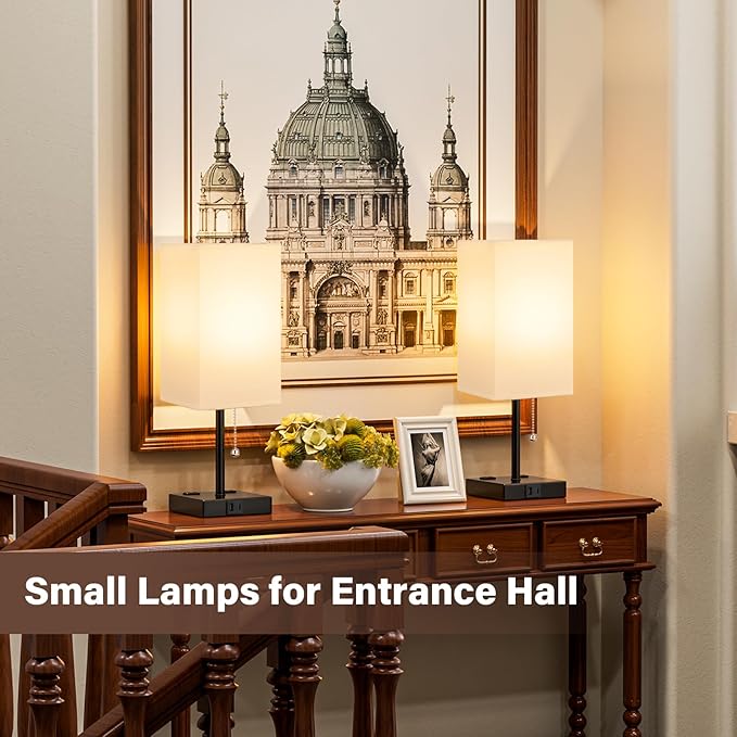 17.4In Tall Table Lamps for Bedroom Set of 2 - 3 Color Bedside Lamps with AC Outlets and USB Ports for Charging, white and Black Square Night Stand light, End DeskLamp for Living Room/Dorm/Office