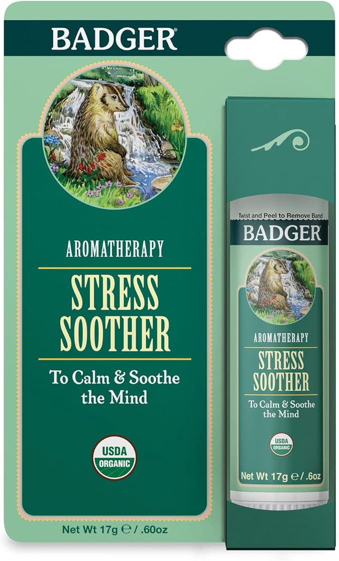Badger Stress Soother Balm, Organic Essential Oil Aromatherapy, Calm & Soothe The Mind, Easy to Use Portable Stick, Effective Self Care, .6 oz