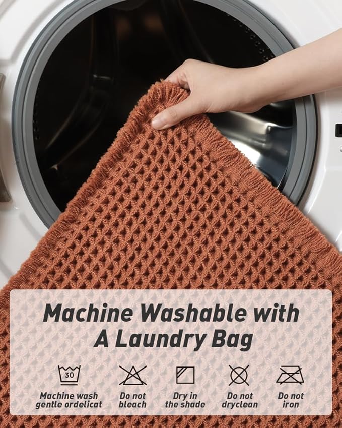 AMOAMI Upgraded Waffle Runner Rug Super Absorbent Non Slip Bath Mats for Bathroom Machine Washable Bathroom Runner Rug with Tassels, Ideal for Hallway Bedroom Laundry Room, Dirty Orange, 17" x 48"