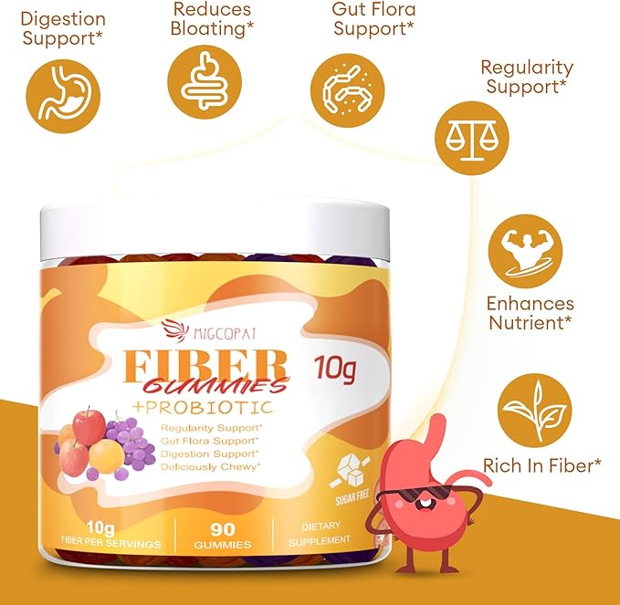 10G Fiber Gummies with Probiotics, Fiber Supplement with 30 Billion CFU Probiotics Blend, ACV, Vitamin C, Inulin - Support Digestive Health - No Sugar Added - Fruit Flavored - 90 Count