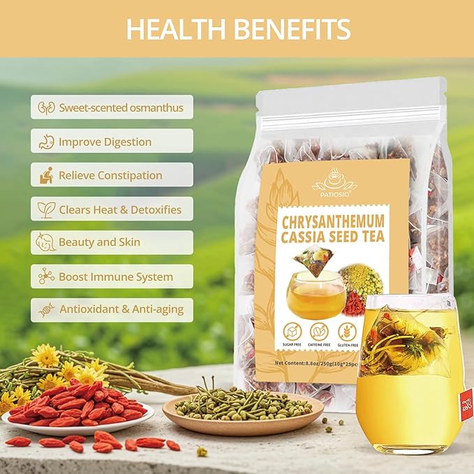 Chrysanthemum Cassia Seed & Burdock Goji Berry Tea, Kidneys & Liver Health Tea Bags, Liver Cleanse & Detox Chinese Herbal Tea, Vegan, Sugar-Free & Caffeine-Free (250g/10g x25pcs)