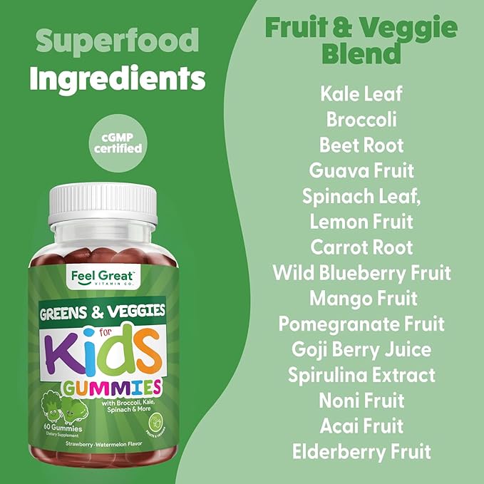 Feel Great Super Green Gummies for Kids | Fruit and Vegetable Gummies | Vegan Veggie Gummy Multivitamin for Kids | Veggie Fiber Supplement | 60 Count
