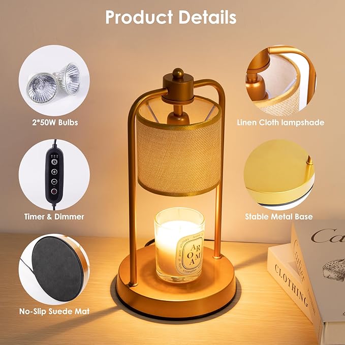 Candle Warmer Lamp Electric with Timer: Wax Melts Warmer - Dimmable Candle Warmer with Replacement Bulbs, Bedroom Home Decor Compatible with Various Candles