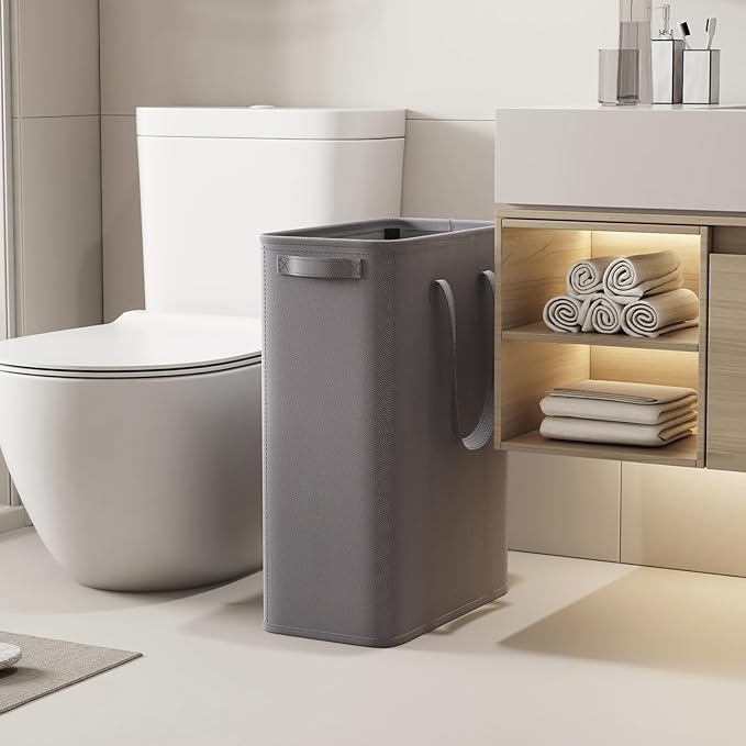 Lifewit 2 Pack Slim Laundry Hamper, Collapsible Narrow Laundry Basket, Small Tall Dirty Clothes Hampers with Handles for Bathroom Bedroom College Dorm, Grey, 50L