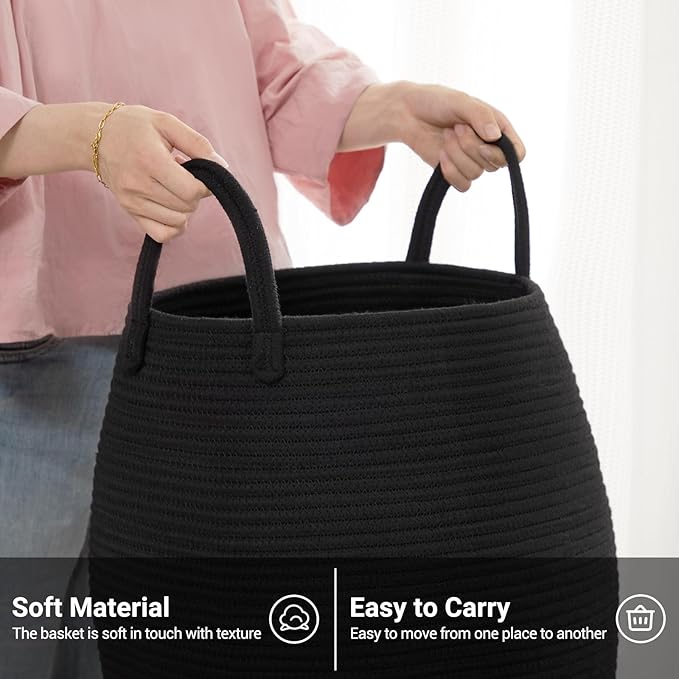 Fiona's magic Cotton Rope Laundry Hamper Basket, 65L Woven Large Laundry Basket, Tall Dirty Clothes Hamper for Storage Blankets, Toys in Bedroom, Living Room Organizing-Collapsible-Black