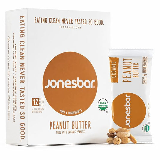 JONESBAR (Peanut Butter, 12 Count (Pack of 1)), USDA Organic Fruit & Nut Bar, Non-GMO, Kosher, Vegan, Gluten Free, Simple Snack Bar