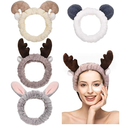Chuangdi 4 Pcs Animals Ears Headbands Cute Face Washing Spa Fuzzy Headband for Women Elastic Turban Hair Bands Shower Head Wraps Facial Headband for Cosplay Party
