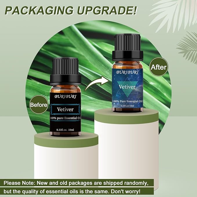 BURIBURI Vetiver Essential Oil Organic for Diffuser, Skin, Candle Soap Perfume Making - 100% Pure, Undiluted, Natural, Aromatherapy Vetiver Oils 10ML